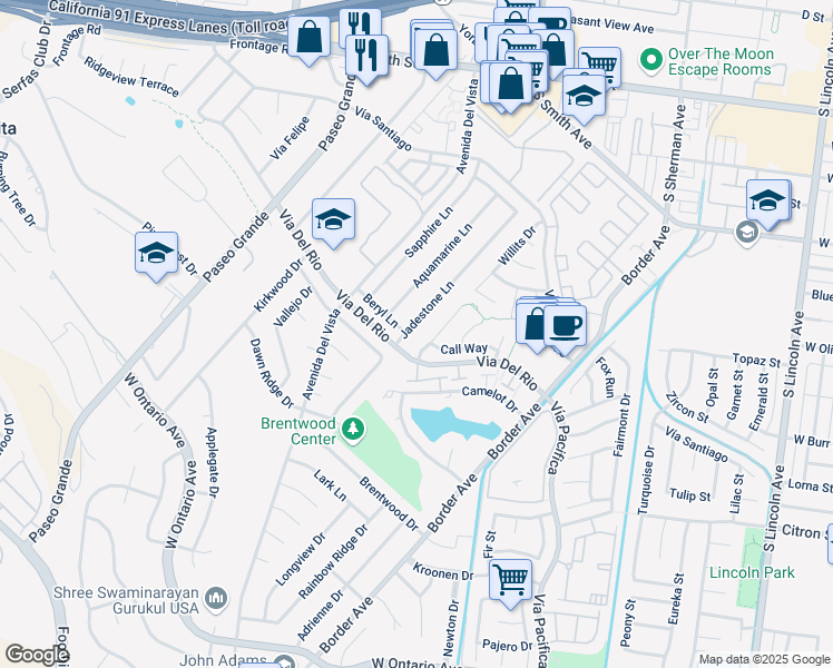 map of restaurants, bars, coffee shops, grocery stores, and more near 1270 Sunkist Circle in Corona