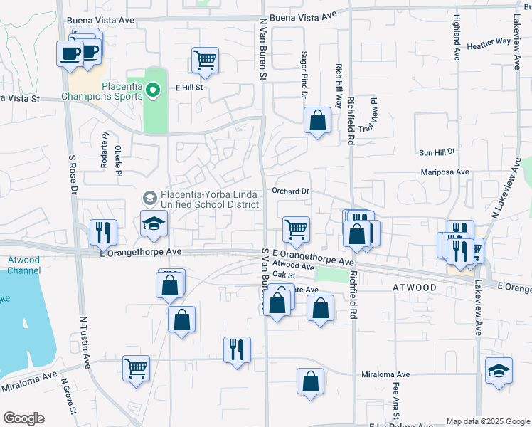 map of restaurants, bars, coffee shops, grocery stores, and more near 174 South Van Buren Street in Placentia
