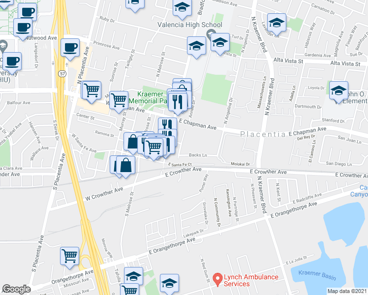 map of restaurants, bars, coffee shops, grocery stores, and more near 205 Alta Street in Placentia