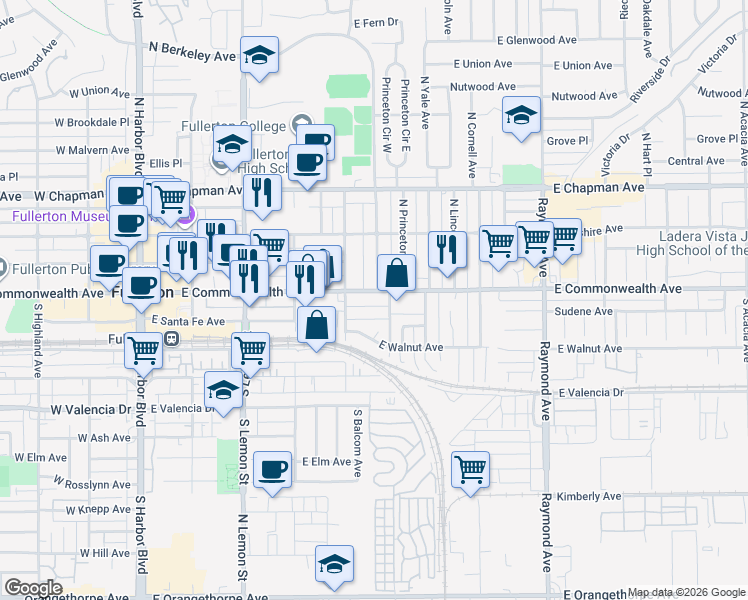 map of restaurants, bars, coffee shops, grocery stores, and more near 504 East Commonwealth Avenue in Fullerton