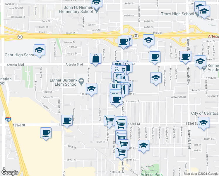 map of restaurants, bars, coffee shops, grocery stores, and more near 17710 Alburtis Avenue in Artesia