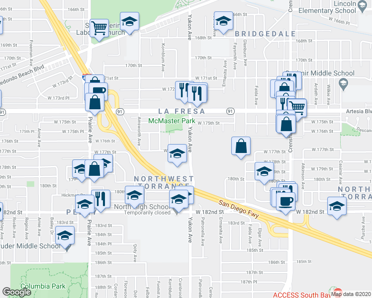 map of restaurants, bars, coffee shops, grocery stores, and more near 17691 Yukon Avenue in Torrance