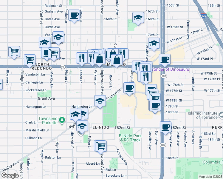 map of restaurants, bars, coffee shops, grocery stores, and more near 2719 Rockefeller Lane in Redondo Beach