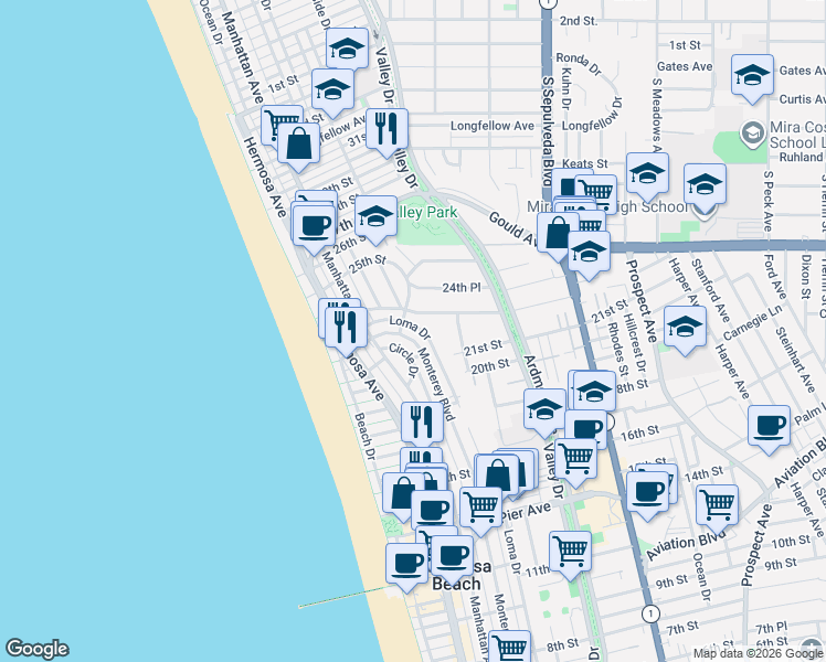map of restaurants, bars, coffee shops, grocery stores, and more near 2136 Monterey Boulevard in Hermosa Beach
