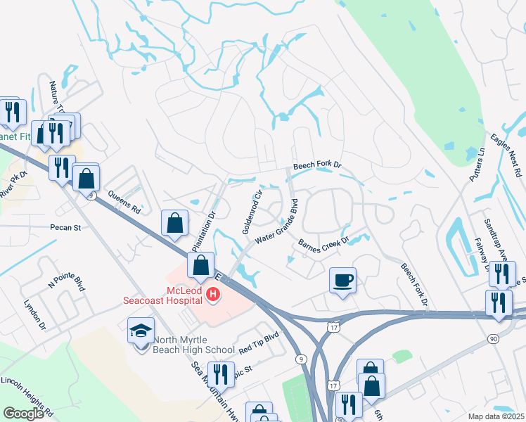 map of restaurants, bars, coffee shops, grocery stores, and more near 212 Goldenrod Circle in Little River
