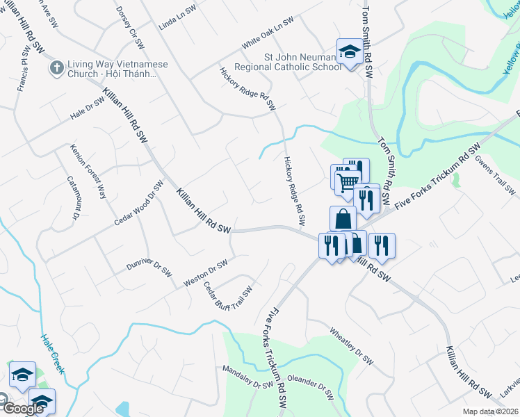 map of restaurants, bars, coffee shops, grocery stores, and more near 971 Cedar Trce Southwest in Lilburn