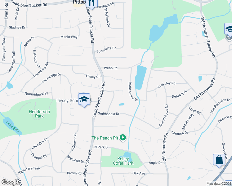 map of restaurants, bars, coffee shops, grocery stores, and more near 4249 Smithsonia Court in Tucker