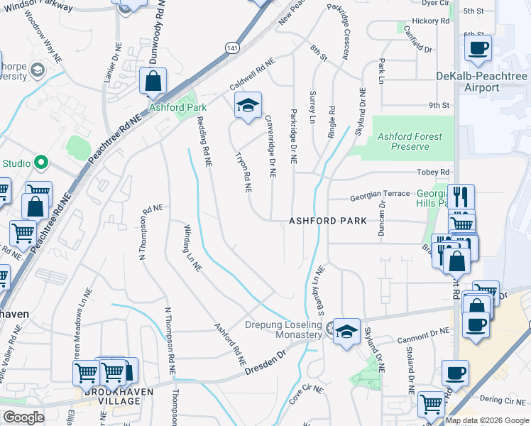 map of restaurants, bars, coffee shops, grocery stores, and more near 1652 Tryon Road Northeast in Atlanta