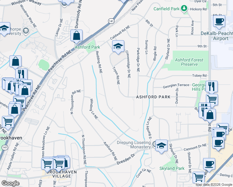 map of restaurants, bars, coffee shops, grocery stores, and more near 1631 Tryon Road Northeast in Atlanta