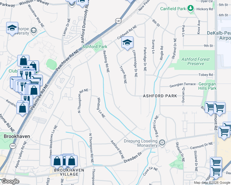 map of restaurants, bars, coffee shops, grocery stores, and more near 2821 Redding Road Northeast in Atlanta