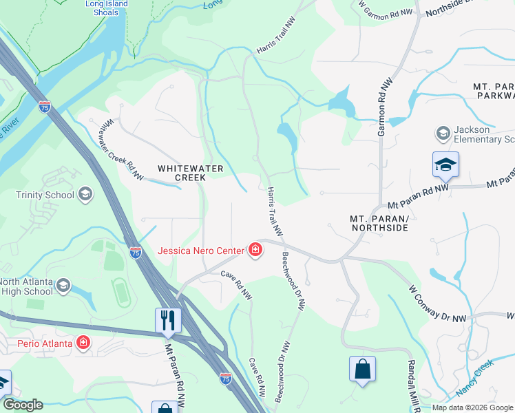 map of restaurants, bars, coffee shops, grocery stores, and more near 4190 Harris Trail Northwest in Atlanta