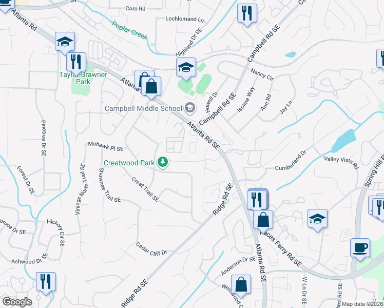 map of restaurants, bars, coffee shops, grocery stores, and more near 137 Rondak Circle in Smyrna
