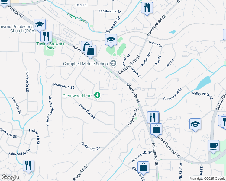 map of restaurants, bars, coffee shops, grocery stores, and more near 137 Rondak Circle in Smyrna