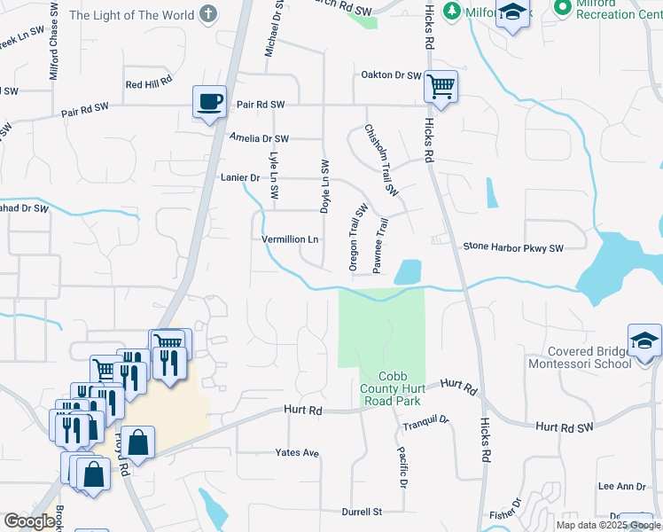 map of restaurants, bars, coffee shops, grocery stores, and more near 3401 Doyle Lane Southwest in Marietta