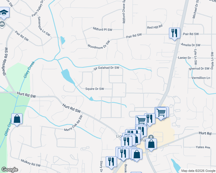 map of restaurants, bars, coffee shops, grocery stores, and more near 1608 Squire Drive Southwest in Marietta