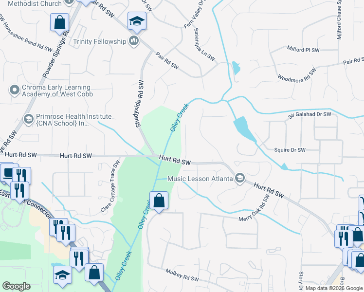 map of restaurants, bars, coffee shops, grocery stores, and more near 3443 Finglas Drive Southwest in Marietta