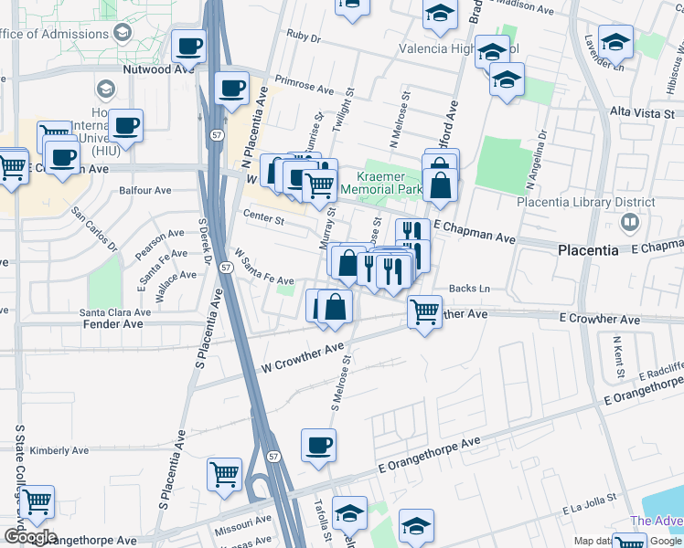 map of restaurants, bars, coffee shops, grocery stores, and more near 333 Aguirre Lane in Placentia