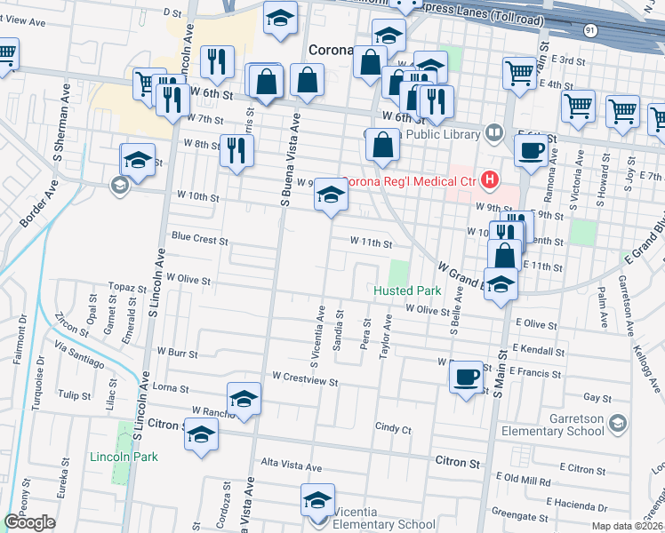map of restaurants, bars, coffee shops, grocery stores, and more near 1131 South Vicentia Avenue in Corona