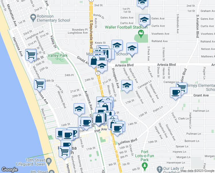 map of restaurants, bars, coffee shops, grocery stores, and more near 849 20th Street in Hermosa Beach