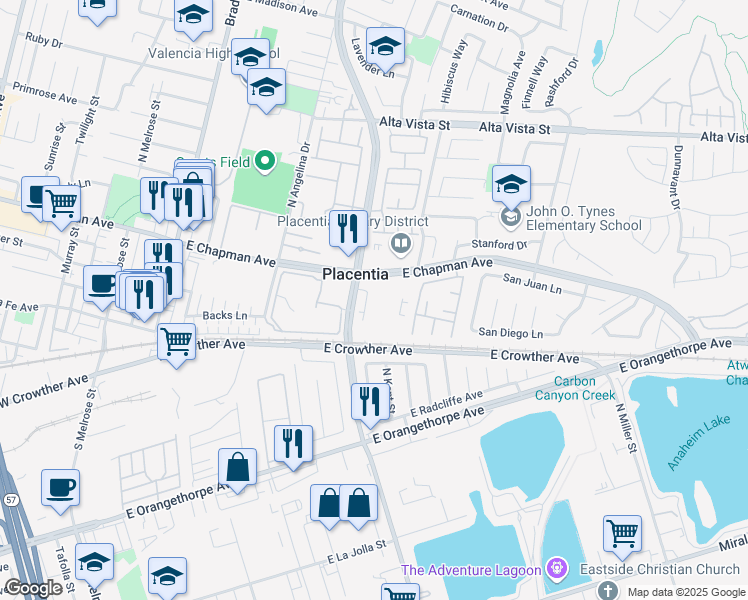 map of restaurants, bars, coffee shops, grocery stores, and more near 212 South Kraemer Boulevard in Placentia
