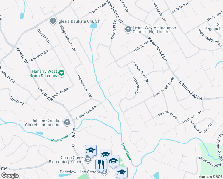 map of restaurants, bars, coffee shops, grocery stores, and more near 666 Bow Ct SW in Lilburn