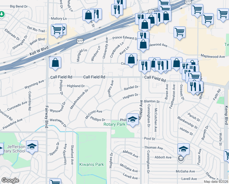 map of restaurants, bars, coffee shops, grocery stores, and more near 4306 Randel Drive in Wichita Falls