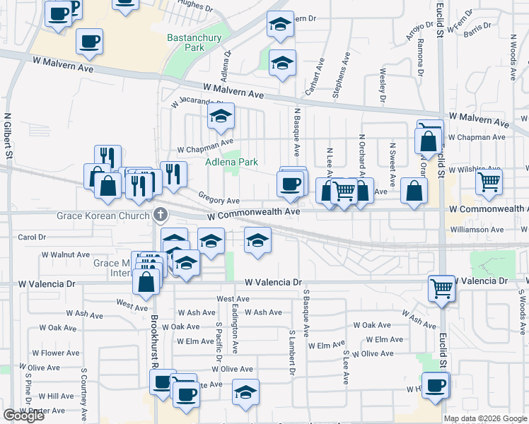 map of restaurants, bars, coffee shops, grocery stores, and more near 1650 West Commonwealth Avenue in Fullerton