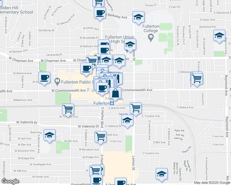 map of restaurants, bars, coffee shops, grocery stores, and more near 140 East Commonwealth Avenue in Fullerton