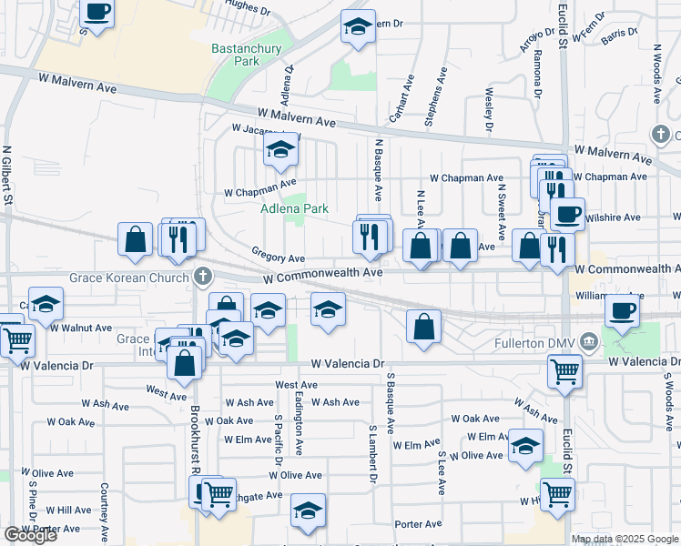 map of restaurants, bars, coffee shops, grocery stores, and more near 1650 West Commonwealth Avenue in Fullerton