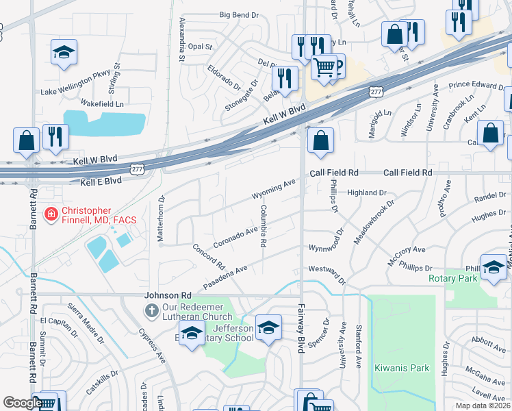 map of restaurants, bars, coffee shops, grocery stores, and more near 430 Columbia Road in Wichita Falls