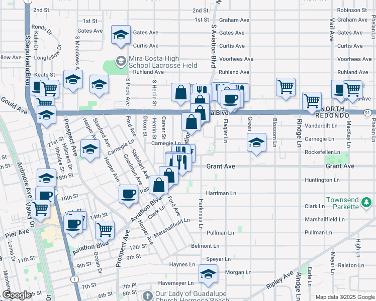 map of restaurants, bars, coffee shops, grocery stores, and more near 1623 Aviation Boulevard in Redondo Beach