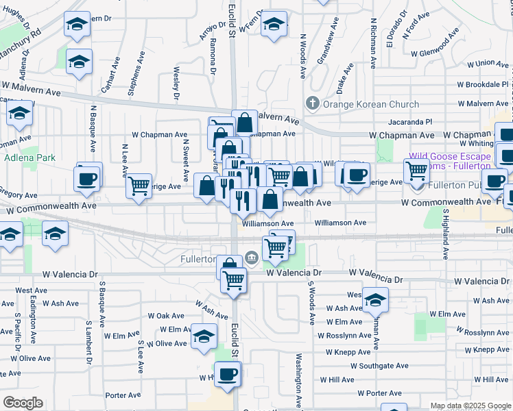 map of restaurants, bars, coffee shops, grocery stores, and more near 820 West Commonwealth Avenue in Fullerton