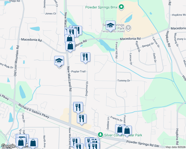 map of restaurants, bars, coffee shops, grocery stores, and more near 4008 Evelyn Drive in Powder Springs
