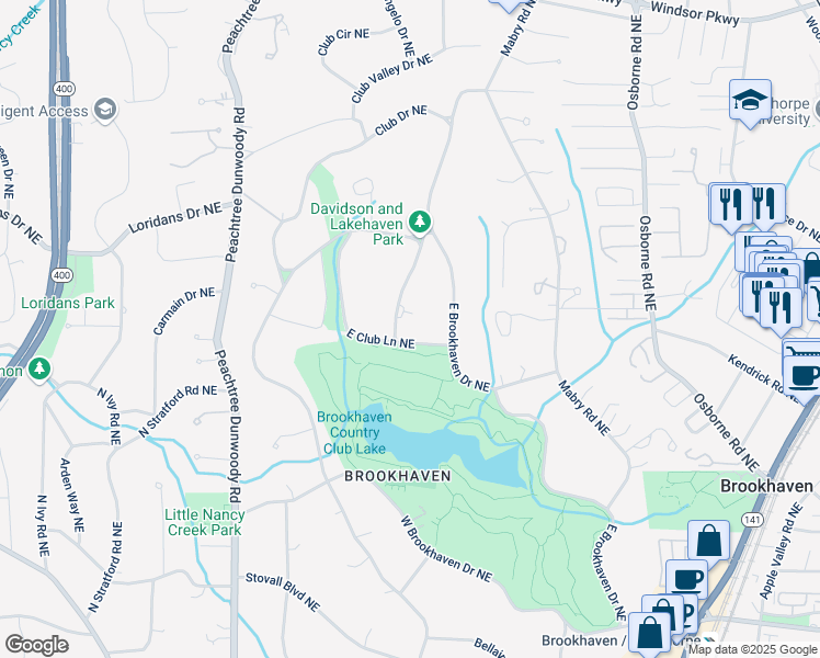 map of restaurants, bars, coffee shops, grocery stores, and more near 1050 East Club Lane Northeast in Atlanta