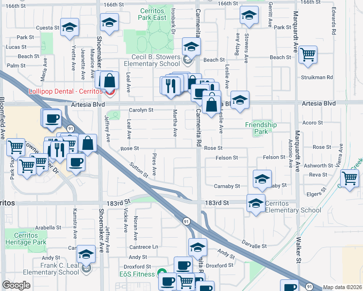 map of restaurants, bars, coffee shops, grocery stores, and more near 13311 Rose Street in Cerritos