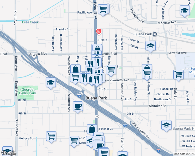 map of restaurants, bars, coffee shops, grocery stores, and more near 6210 Beach Boulevard in Buena Park
