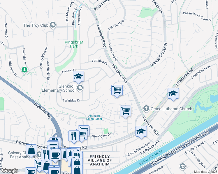 map of restaurants, bars, coffee shops, grocery stores, and more near 20075 Nob Hill Drive in Yorba Linda