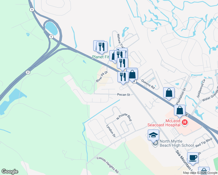 map of restaurants, bars, coffee shops, grocery stores, and more near 205 Rolling Woods Court in Little River