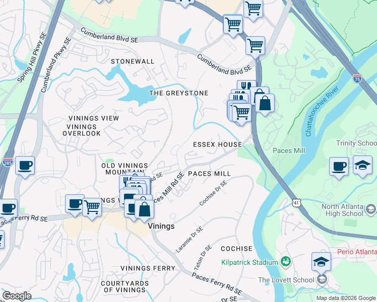 map of restaurants, bars, coffee shops, grocery stores, and more near 20 Pointe Terrace Southeast in Atlanta