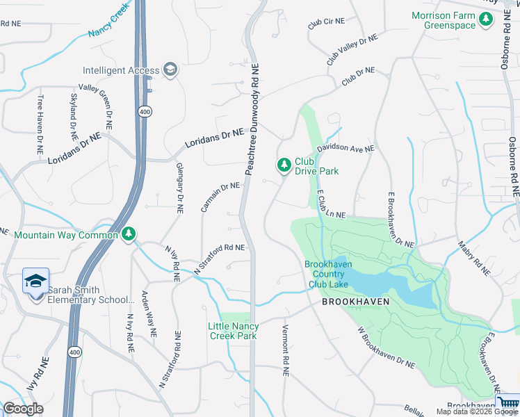 map of restaurants, bars, coffee shops, grocery stores, and more near 4210 Club Drive Northeast in Atlanta