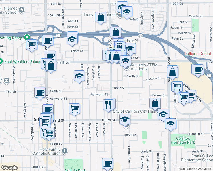 map of restaurants, bars, coffee shops, grocery stores, and more near 17721 Norwalk Boulevard in Artesia