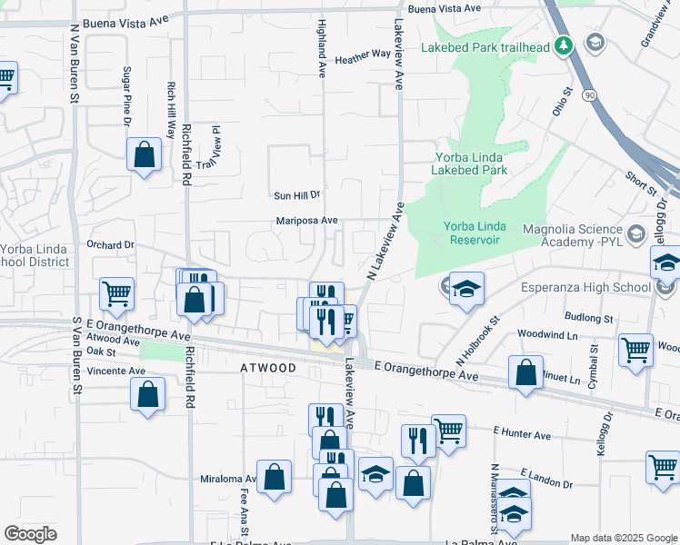 map of restaurants, bars, coffee shops, grocery stores, and more near 2024 Tanforan Avenue in Placentia