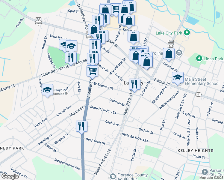 map of restaurants, bars, coffee shops, grocery stores, and more near 131 West Thomas Street in Lake City