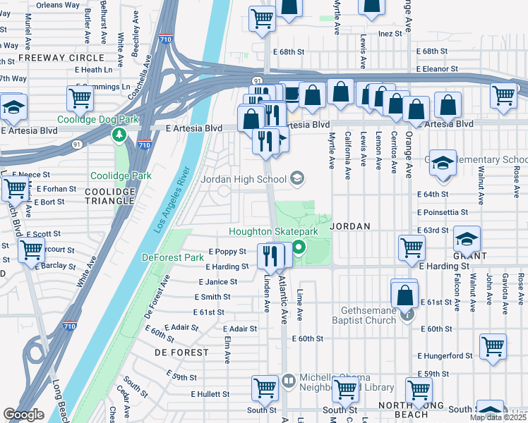 map of restaurants, bars, coffee shops, grocery stores, and more near 535 East Adams Street in Long Beach