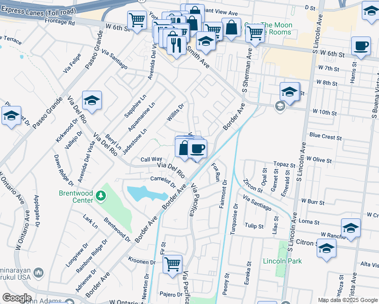 map of restaurants, bars, coffee shops, grocery stores, and more near 1382 Vía Santiago in Corona