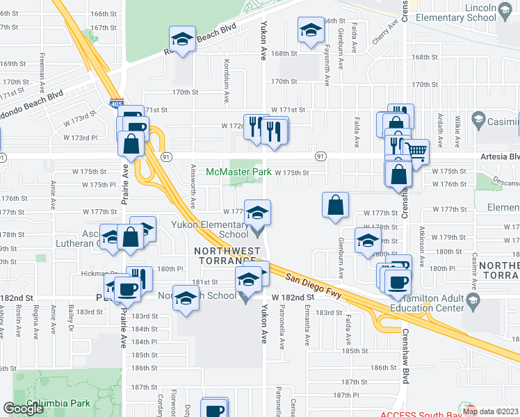 map of restaurants, bars, coffee shops, grocery stores, and more near 17691 Yukon Avenue in Torrance