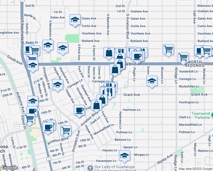 map of restaurants, bars, coffee shops, grocery stores, and more near 1623 Aviation Boulevard in Redondo Beach
