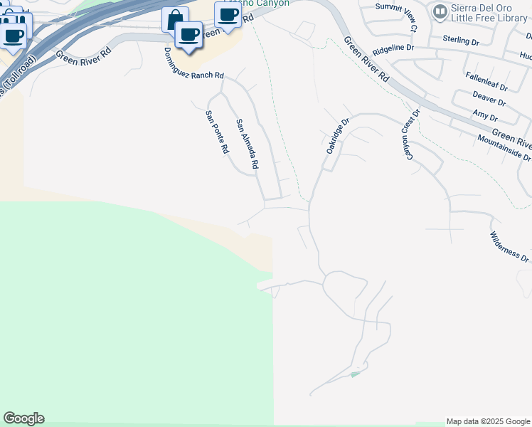 map of restaurants, bars, coffee shops, grocery stores, and more near 4200 San Ramon Drive in Corona