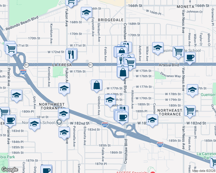map of restaurants, bars, coffee shops, grocery stores, and more near 3209 West 177th Street in Torrance