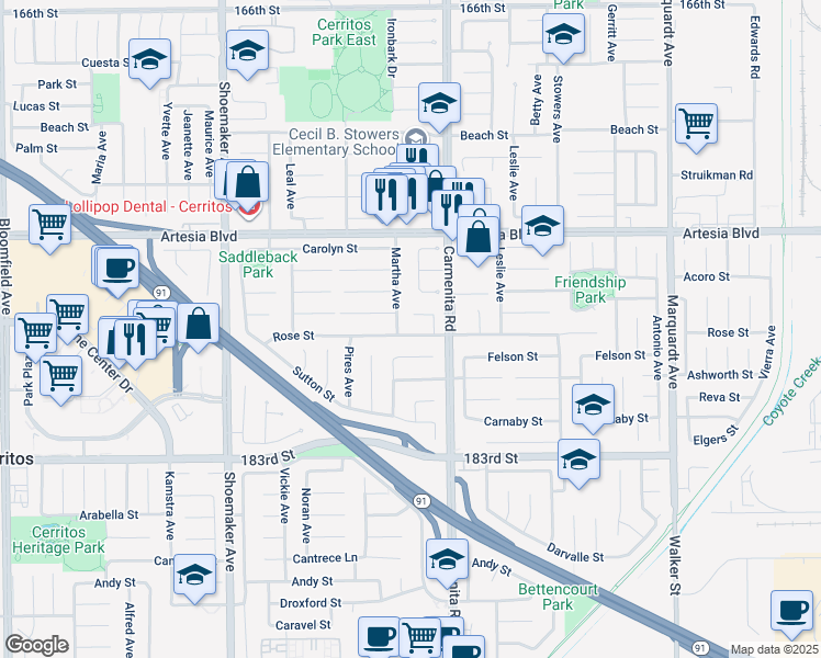 map of restaurants, bars, coffee shops, grocery stores, and more near 13311 Rose Street in Cerritos